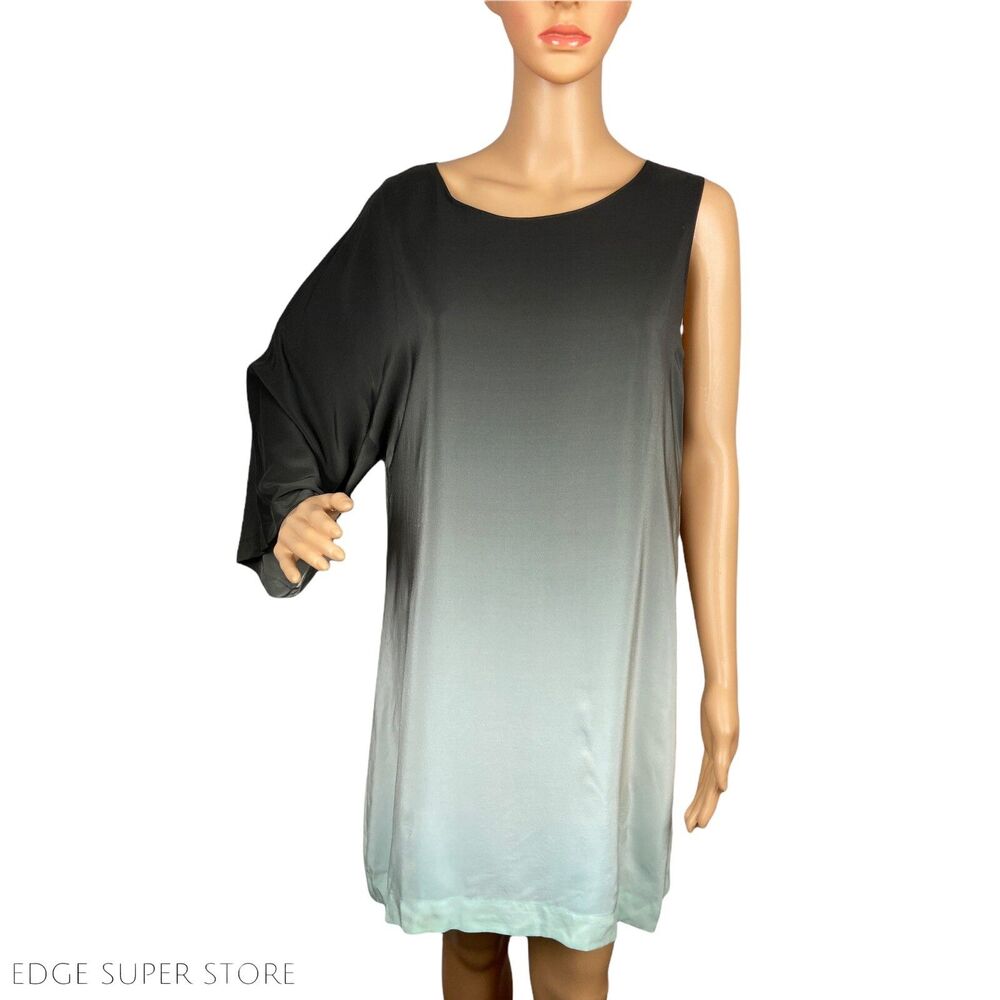 Annie Griffin Dark Gray Ombré Silk Elegant One Shoulder Silk Dress Size Large